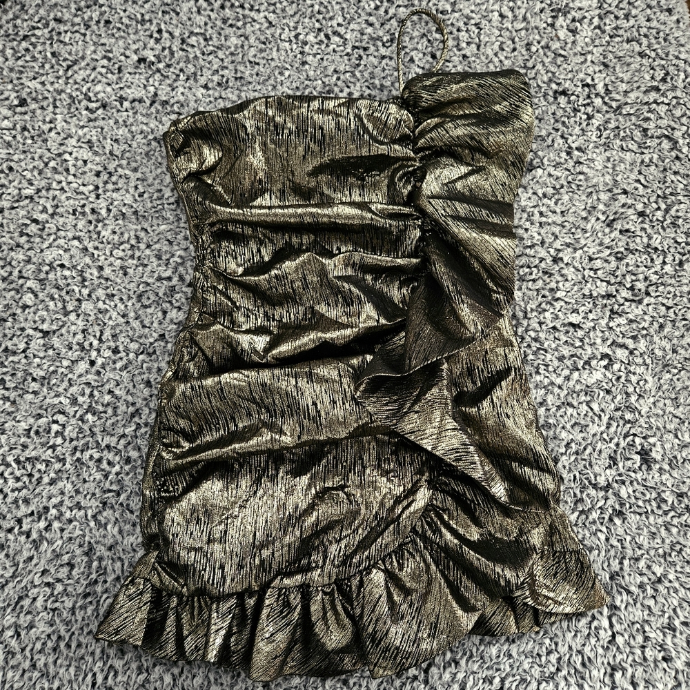 Zara Gold Metallic Mini Dress S Small Sleeveless Ruffled Bow Holiday Party - Picture 5 of 14